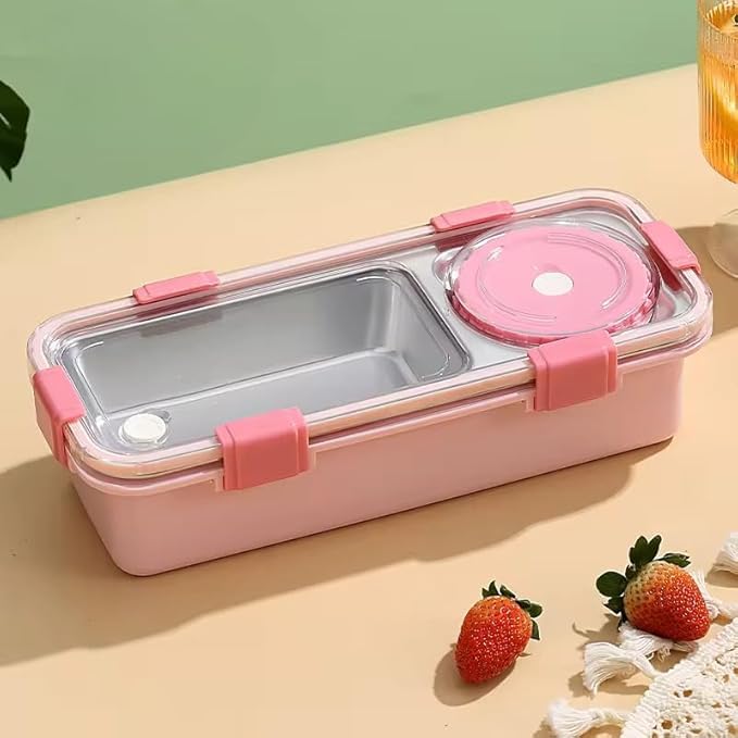 Image of Lunch Buddy Stainless Steel Bento Lunch Box Set for Food 600ml, 2 Compartment, 150ml Container 100% Leak-Proof Design Lunchbox for Office Adults & School Kids (Green)