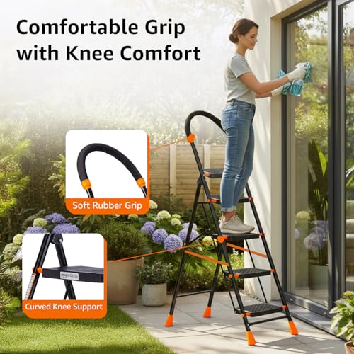 Image of Amazon Basics Curvo-Foldable Step Ladder, Ribbed Steps, Knee Guard, Non-Marring PVC Shoes, 5 Steps (Black & Orange)