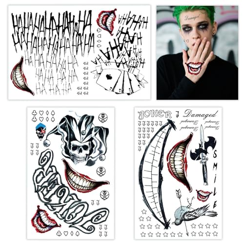 3 Sheets Joker Tattoos Large-Size Halloween Temp Tattoo for Men Realistic Waterproof Last-Long Fake Stickers for Suicide Squad Clown HQ Costume Cosplay Party Accessories Masquerade Makeup