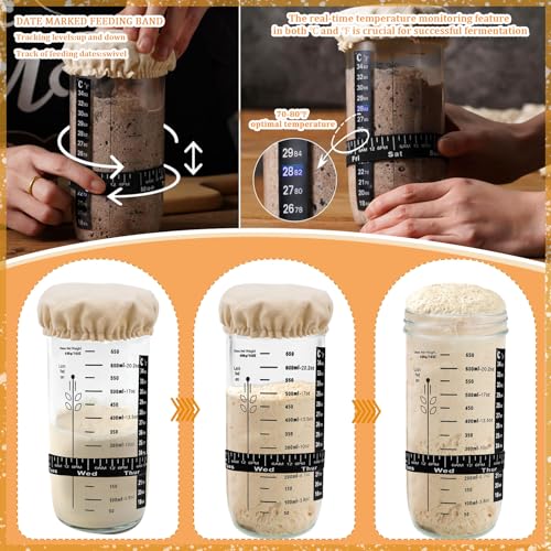 Raxfekro Sauerteig Starter Set，Sauerteig-Starterglas Set mit Aluminiumkappe, Gummiband, Thermometerpapier, Silikon-Spatel, Stoffhut, Etikett zum Backen von Sauerteigbrot