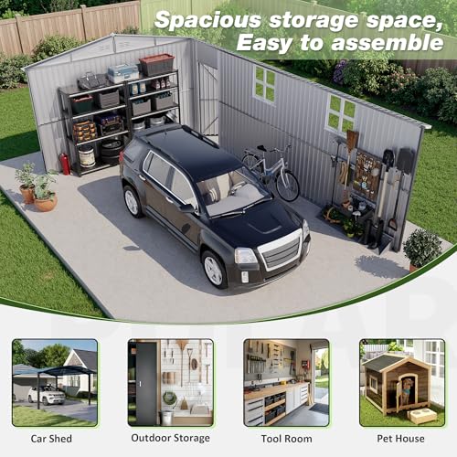 Image of Polar Aurora 12x20 FT Outdoor Storage Shed Black | Large Garden Shed, 2 Windows & Lockable Doors, Garage Car Shelter with Side Door & Air Vents, For Backyard Garden Patio Lawn