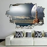 Sea Lighthouses Moon Wall Decal Landscape 3D Break Through Wall Sticker Removable PVC Funny Wall Art