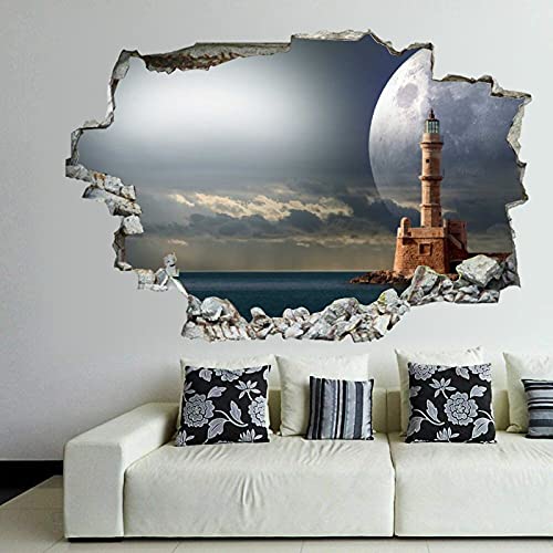 Sea Lighthouses Moon Wall Decal Landscape 3D Break Through Wall Sticker Removable Pvc Funny Wall Art Decal Christmas Home Decor Vinyl Mural For Boy Kids Room Living Room #TOP29
