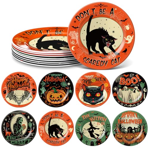 LOYIM 8 Pcs Vintage Halloween Dinnerware Set Halloween Plates Serving Dishes 8 Inch Reusable Gothic Dinnerware Set Salad Dessert Plates for Indoor and Outdoor Use Kitchenware Gift (Colorful)