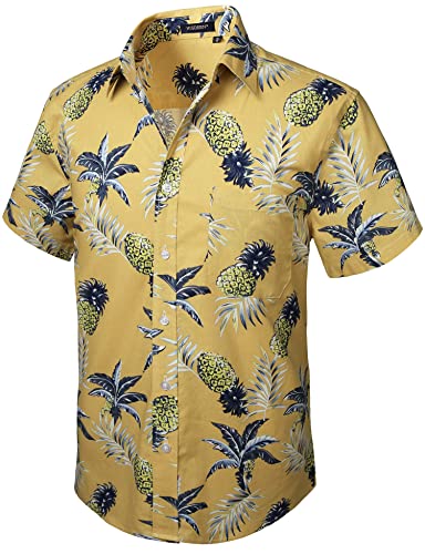 HISDERN Hombre Funky Hawaiano piña Camisas Manga Corta Bolsillo Delantero Vacaciones Verano Aloha Impreso Playa Casual Hawaii Camisa Amarillo