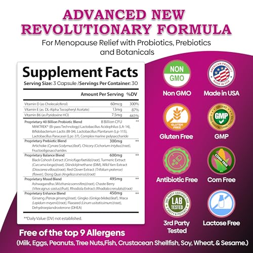 Image of Best Rated Highly Effective Menopause Support, Menopause Probiotics, Hot Flashes, Night Sweats, Hormone Balance, Mood Swings, DIM, Black Cohosh, Dong Quai, 40Bn CFU