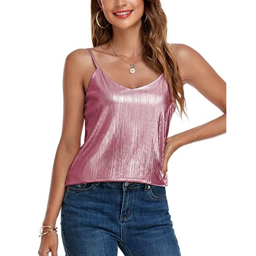 VIDUSSA Womens Tank Tops V Neck Sparkle Cami Top Sleeveless Shirts Blouses Small Pink