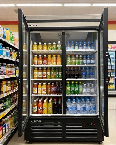 Image of Commercial Beverage Refrigerator Display Fridge,Stainless Steel Merchandiser Two Glass Door Drink Cooler (no canopy) with LED Light Adjustable Shelves,ETL Sanitation,45 Cu Ft,47 inch Wide,Wheels Included