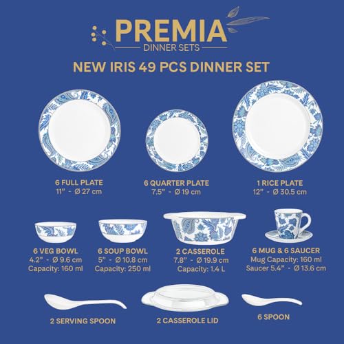 Image of Larah by Borosil 49pc Opalware New Iris Dinner Set for Family of 6 | Microwave & Dishwasher Safe Crockery Set for Dining & Gifting | Plates & Bowls