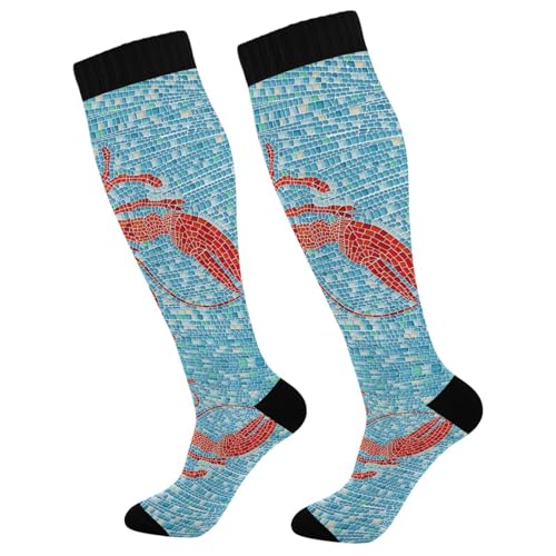 2 Pairs Unisex Compression Crew Knee Soft Circulation Socks High Sock Long Athletic for Running,Travel,Cycling Print Red Lobster On Turquoise Mosaic Check