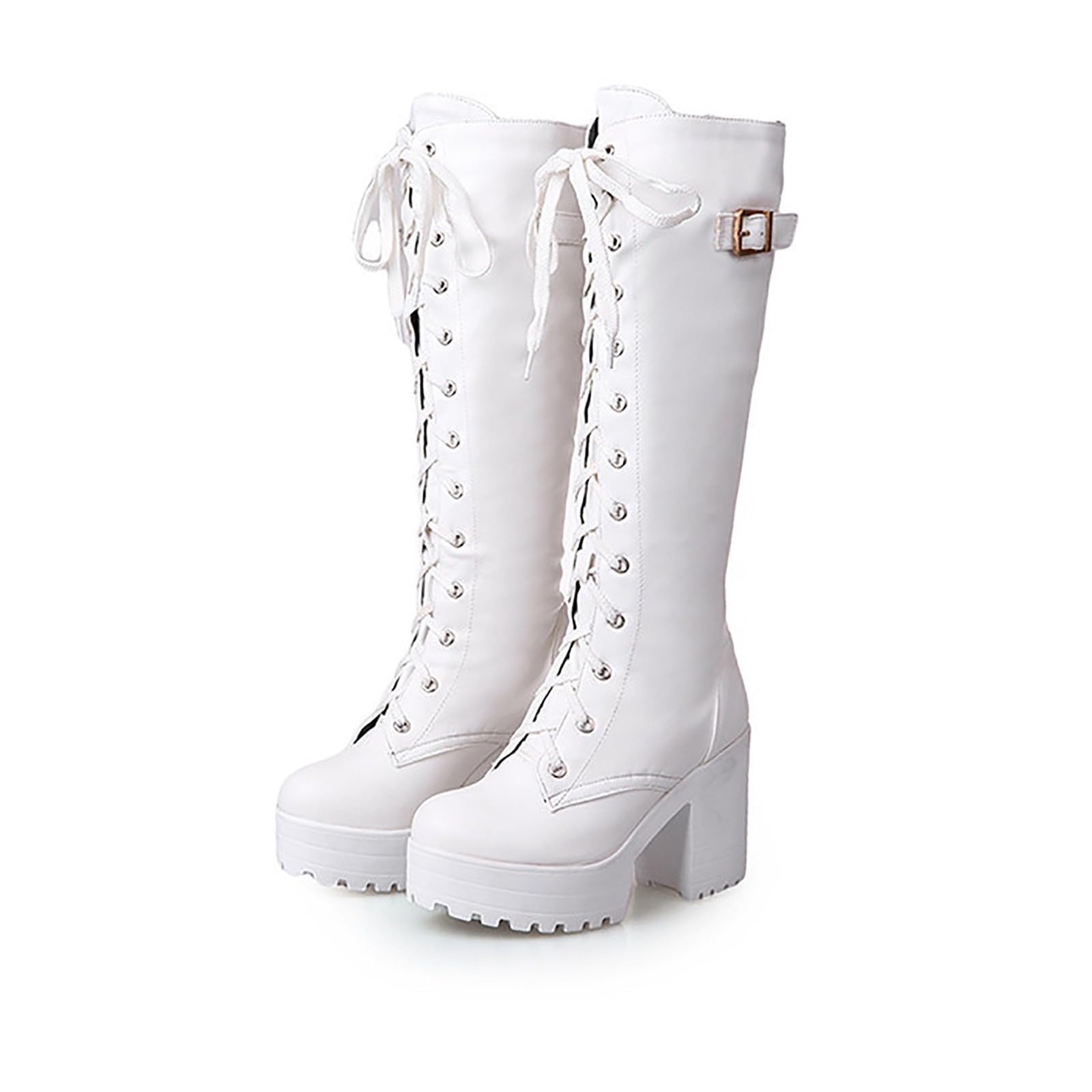 Bottes à plateforme pour femme - Avec talon - Bottes à lacets avec boucle latérale - Bottes de motard gothiques à talons hauts - Bottes hautes pour femme