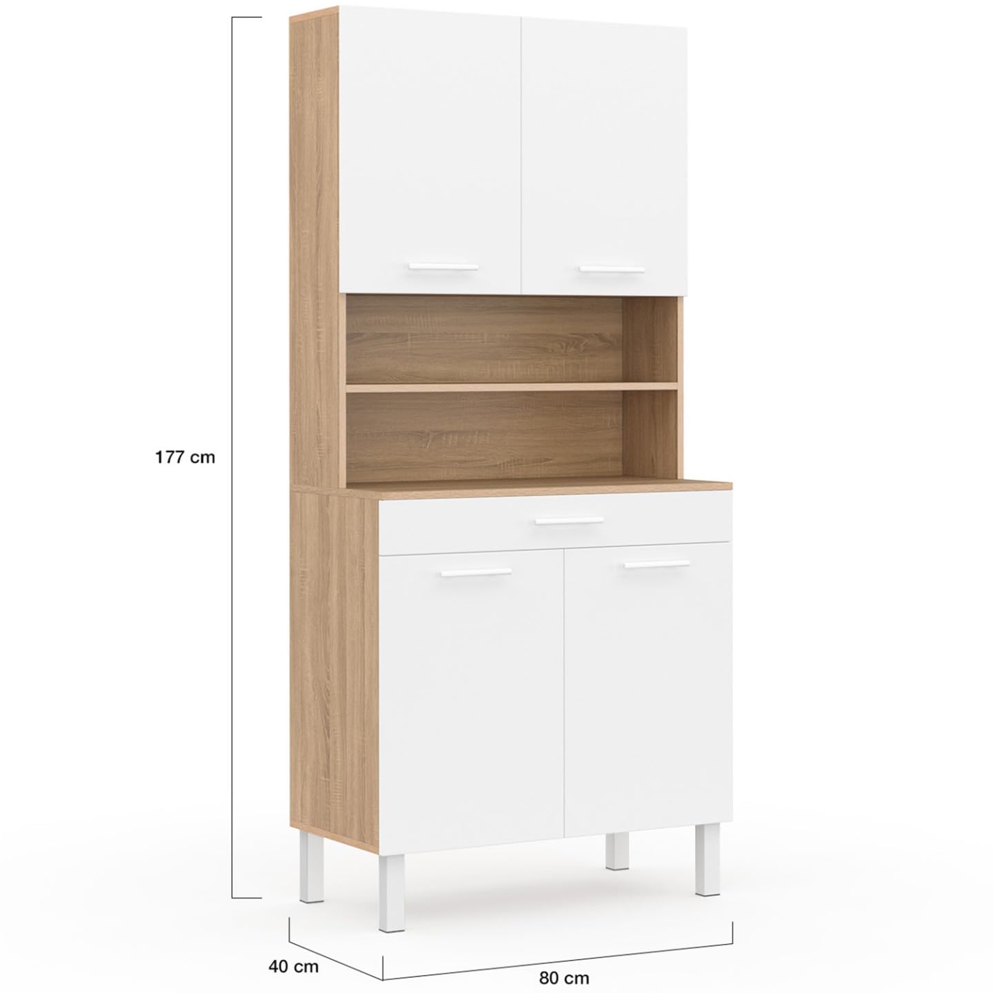 IDMarket - Aparador de cocina (80 cm, 4 puertas, cajón de haya y color blanco