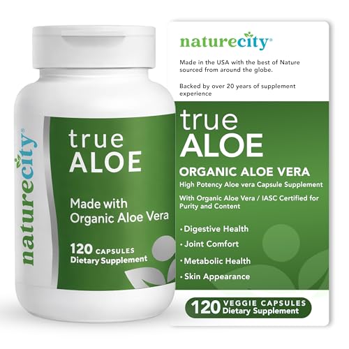 NatureCity TrueAloe Organic Aloe Vera Capsules - Supports Digestive Balance, Joints and Stomach Comfort - Plant-Based Aloe Barbadensis Powder - Easy-to-Swallow Single Ingredient Formula - 120 Caps