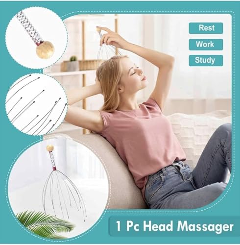 Image of Hair Massager, 4 Piece Scalp Massager Set, Octopus Design with Sandalwood Comb and Pink Straw Comb, Head Massager for Relaxation, Stress Relief and Improved Scalp Care