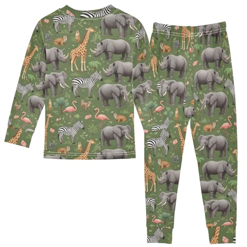 Pajama Sets Long Sleeve African Animals on Green Background Soft Comfy Sleepwear 2 Piece PJS 3-8T3