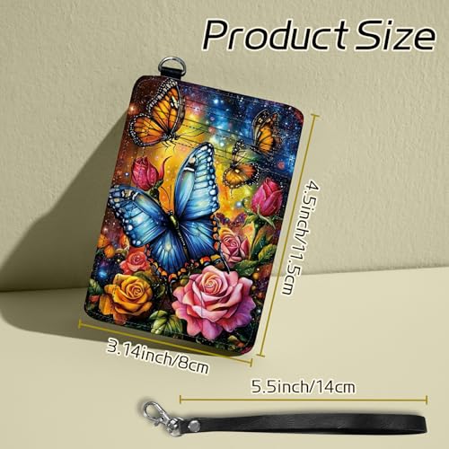 Small Travel Wallets, Color Butterfly Rose Slim Minimalist Front Pocket Wallet with Wristlet, RFID Blocking PU Leather Credit Card Holder with ID Window Change Purse for Men Women2