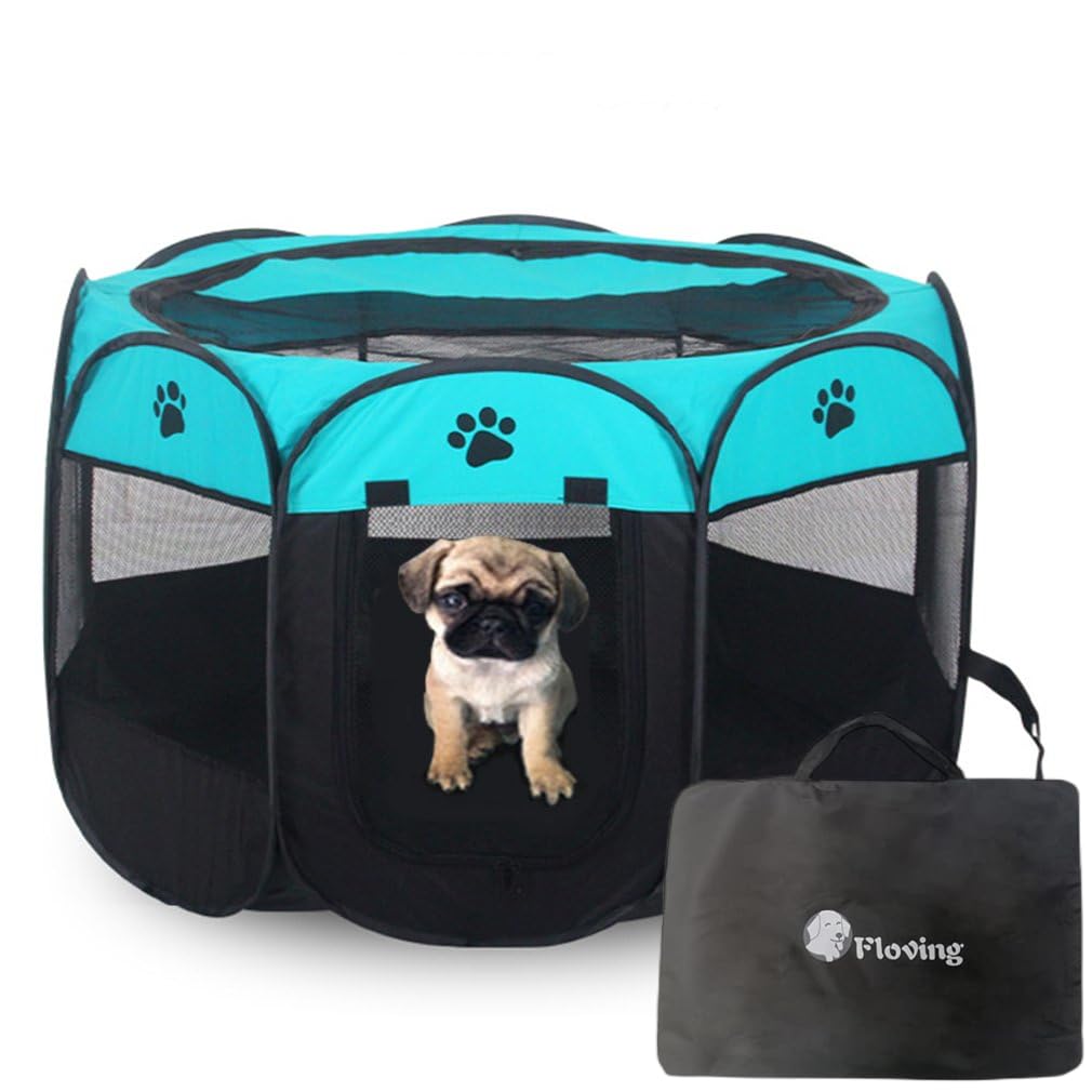 Floving Plegable portátil Parque de Mascotas Uso en Interiores/Exteriores -8 Panel, Resistente al Agua (Azul y Negro-L)