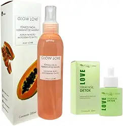 Max Love Glow Love Tônico Facial de Mamão 200ml com Sérum Detox Facial, Kit de Limpeza Profunda Antioxidante para Peles Mistas e Oleosas