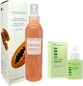 Max Love Glow Love Tônico Facial de Mamão 200ml com Sérum Detox Facial, Kit de Limpeza Profunda Antioxidante para Peles Mistas e Oleosas