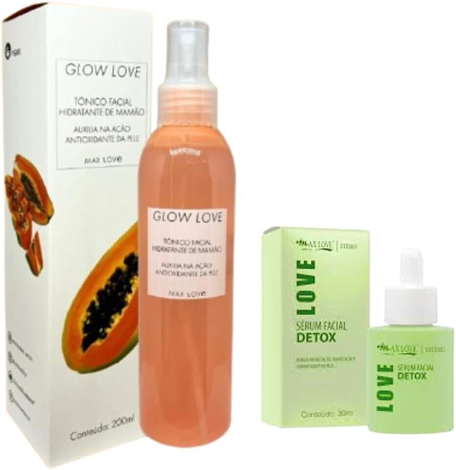 Max Love Glow Love Tônico Facial de Mamão 200ml com Sérum Detox Facial, Kit de Limpeza Profunda Antioxidante para Peles Mistas e Oleosas