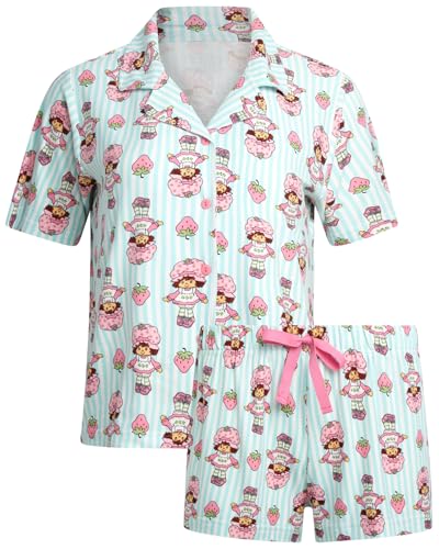 Image of COCO BRANDS Strawberry Shortcake Womens Pajama Set - 2 Piece Short Sleeve Button Down Sleep Shirt and Pajama Shorts
