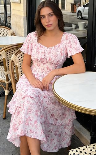 Image of Belle Poque Women's Vintage Square Neck Dress 2026 Summer Short Sleeve Layered Tiered Ruffle A-line Swing Midi Dress