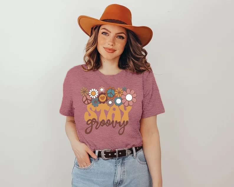 Stay Groovy Shirt for Womens Floral Graphic Retro Shirts Hippie 70s Tee Summer Tee Tops - Image 5