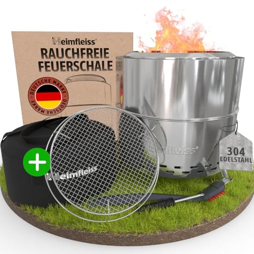 Heimfleiss® Rauchfreie Feuerschale Edelstahl Ø50cm | Feuerkorb mit Grillrost | Feuerschale Rauchfrei für Garten, Camping, Balkon & Terrasse | Rauchfreie Feuerstelle mit Grill | Feuertonne ohne Rauch