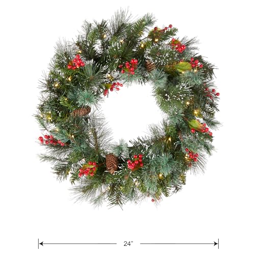 National Tree Company 24 in Pre-Lit Wintry Pine Artificial Christmas Wreath, Christmas Decoration with Pinecones, Red Berries, Snowy Bristle, 50 Clear Lights, 113 Tips, Green by National Tree Company - Image 5