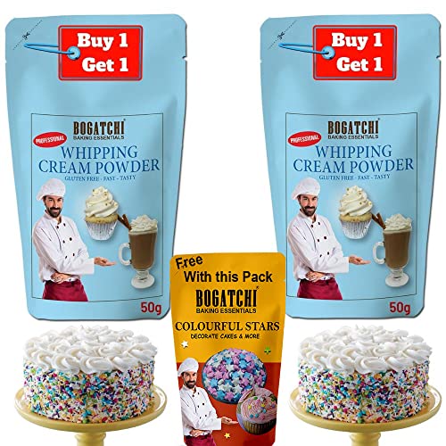Image of BOGATCHI Whipping cream for cake, Whipping Cream Powder, Whipped Cream, Premium Whipping cream Powder, Rich Whipping cream|FREE One Extra Whipping Cream Powder(50g)+ Colorful Stars (20g)