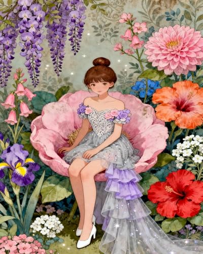 Kit de Point de Croix Imprimé Fille dans les Fleurs MIRONS Broderie DIY 40x50 cm