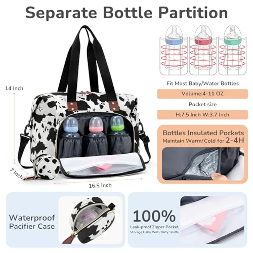 Image of Tenot Diaper Bag Tote with Pacifier Case, Baby Bag for Women with Shoulder Straps, Travel Diaper Tote for for Mom and Dad Cow Print