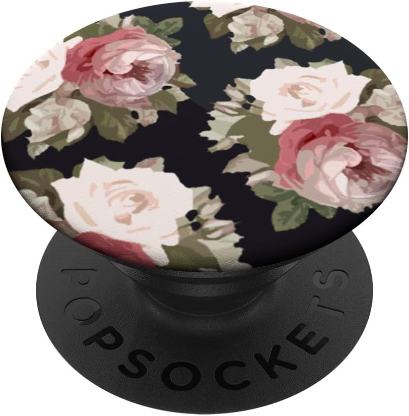 Floral Print Pink White Rose On Space Gray Black PopSockets PopGrip: Swappable Grip for Phones & Tablets PopSockets PopWallet for MagSafe