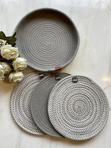 Image of Retro Polypropylene 3 Pc Round Trivet with Basket Holder | Braided Pot MAT, Side Table Mat, Machine Washable Small Place Mat for Casserole for Dining Table (9 inch Dia)