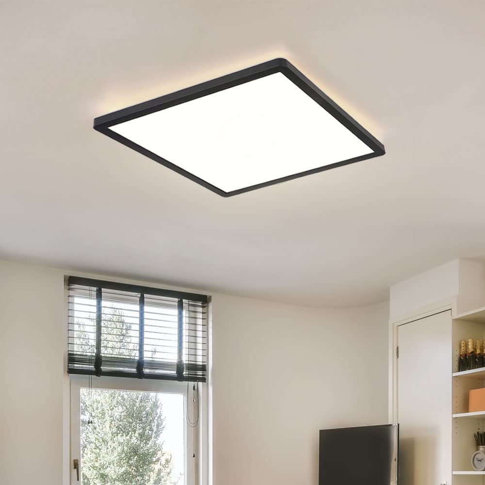 Badezimmer Lampe LED Deckenleuchte Deckenlampe IP44 LED Panel, dimmbar 3 Stufen über Wandschalter, Backlight, schwarz, 24W 2300Lm warmweiß, LxH 42x2,5 cm