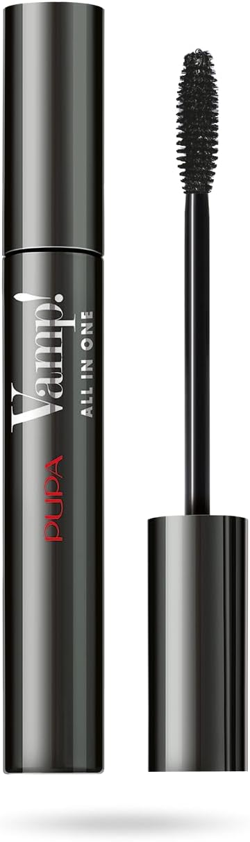 Pupa Mascara Vamp! All in One (Colore Extra Black) Mascara con Trattamento fortificante, Volume spettacolare e Lunghezza inimitabile - Adatto a Occhi sensibili e Lenti a contatto (9 ml)