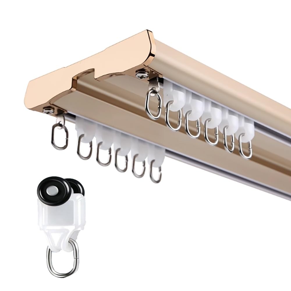Wysokiej jakości regulowany aluminiowy system szyn do zasłon 100–157 cm, podwójne drążki sufitowe, ciche szyny przesuwne do przegród pomieszczeń i okien wykuszowych, złote wykończenie, 2,5 m