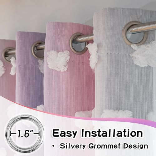 Image of MYSKY HOME Nursery Curtains for Girls Room - Pink & Purple, 90 Inch Long, White Pom Pom, Sheer, Double Layer, Room Darkening, 52 x 90 in
