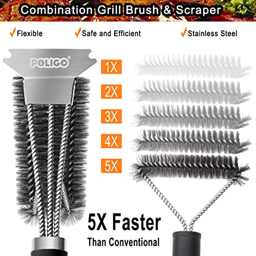 Poligo Safe Grill Brush And Scraper With Deluxe Handle - 18" Grill Cleaner Brush Stainless Steel Bristle Grill Brush For Outdoor Grill Wizard Grate - Bbq Brush For Grill Cleaning Ideal Grilling Gifts #TOP3