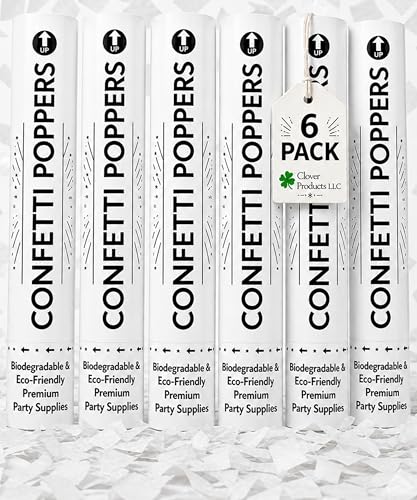 Clover Products 12" Confetti Cannons – 6 Pack White Confetti Poppers | Air-Powered Party Poppers | Shoots 25 Feet | Safe for Indoor & Outdoor | Perfect for Weddings, Birthdays & Events