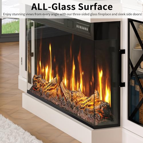 Image of BREEZEHEAT Fireplace TV Stand for TVs up to 75 inch, 3-Sided Electric Entertainment Center with 30 inch LED Fireplace, Media Console w /Storage Cabinet & Glass Doors, 65Inch, White