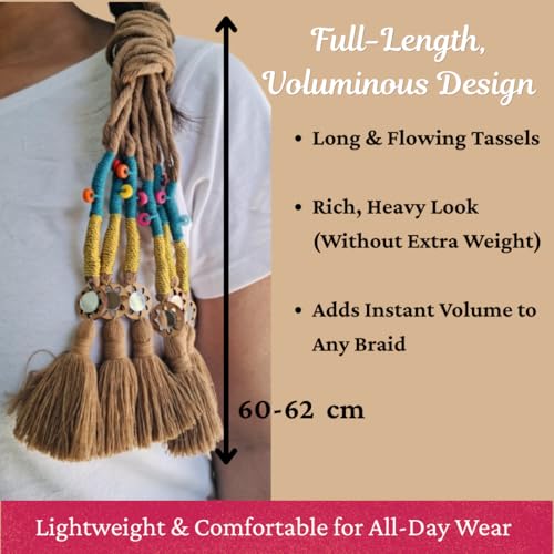 Image of Zippy Flora Handmade Boho Parandi / Paranda Traditional Hair Accessory for Women & Girls | Ethnic Braided Hair Tassels, Choti Hair Extension, Decorative Braid Jewelry for Festive & Wedding Hairstyles (Neelima Dark Beige)