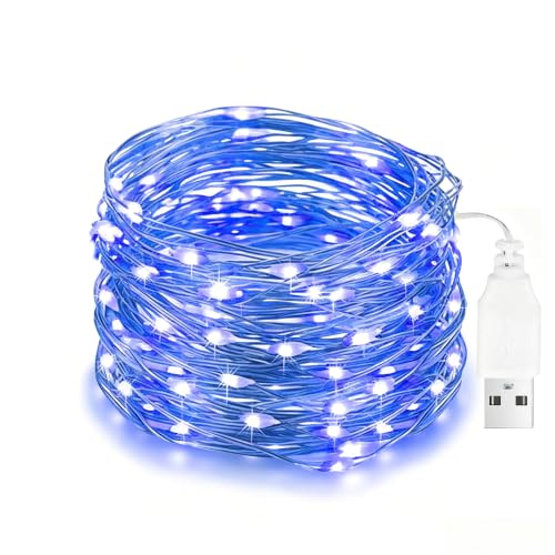 LED Lichterkette USB, 10M 100LED Kupferdraht Lichterkette Innen, Blau | Wasserdicht Micro Draht Lichterketten für Innen Aussen Weihnachten Party Hochzeit Valentinstag Terrasse Deko, DIY