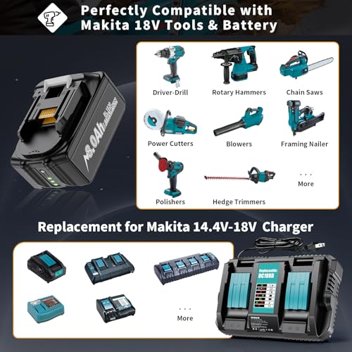 Image of 2 Pack 8.0Ah High Capacity Battery and Charger Replacement for Makita 18V Battery Compatible with BL1860B BL1850B BL1840B BL1830B BL1820 BL1815B with LED Indicator
