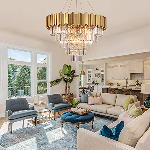 Akeelighting Gold Chandeliers Modern Crystal Chandelier 9 Light Foyer Dining Room Ceiling Hanging Pendant Chandelier 5 Tier Lighting Fixture 27.5" #TOP1