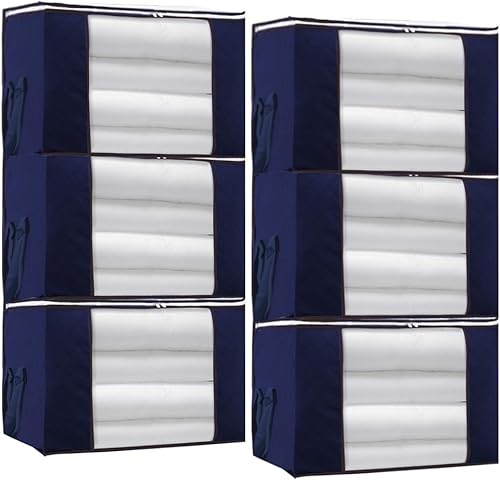 JERIA Paquete de 6 bolsas plegables para almacenamiento de ropa con ventana transparente mango reforzado y cremallera resistente azul