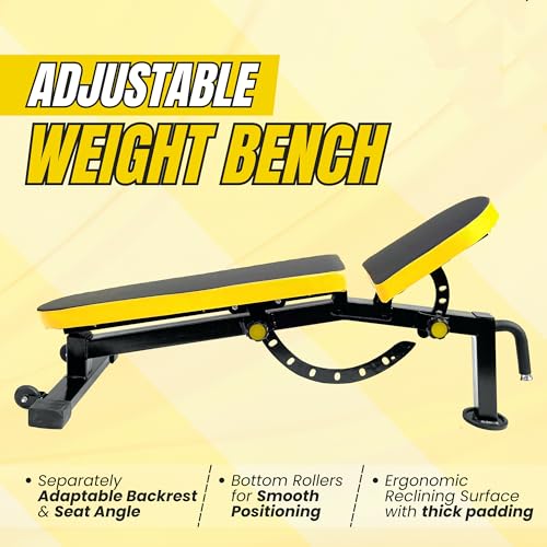 Image of Adjustable Workout Bench for Home Gym | Multifunctional Incline Decline Bench with Preacher Curl Pad & Leg Support | Full Body Strength Training Bench for Men & Women (Black & Yellow)