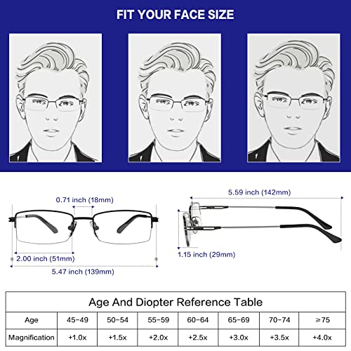 Kafirlo Wide Reading Glasses Men Blue Light Blocking Computer Reader Rimless Metal Frame Large Head Rectangle Stylish Eyeglasses 1.00 #TOP2