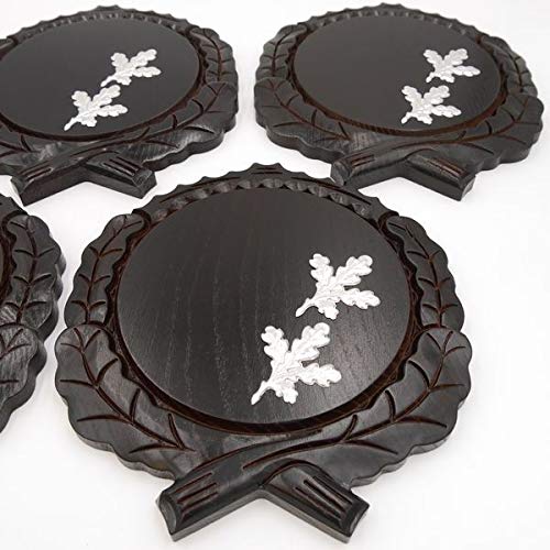 GTK - Juego de 5 placas cuña talladas oscuras AF 17,5 cm con 10 hojas de aluminio de roble, portada de cuñas, tabla de especias, cartel para trofeos