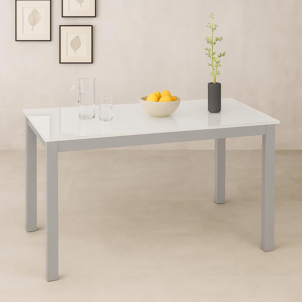 Tavolo da pranzo allungabile bianco con telaio grigio argento - 110/170x70x75 cm - piano in vetro temperato e gambe metalliche - design moderno ed elegante